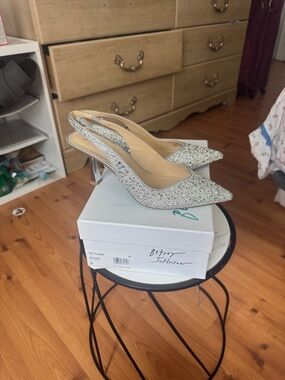 Betsey Johnson Silver Crystal Pointed Slingback Heels